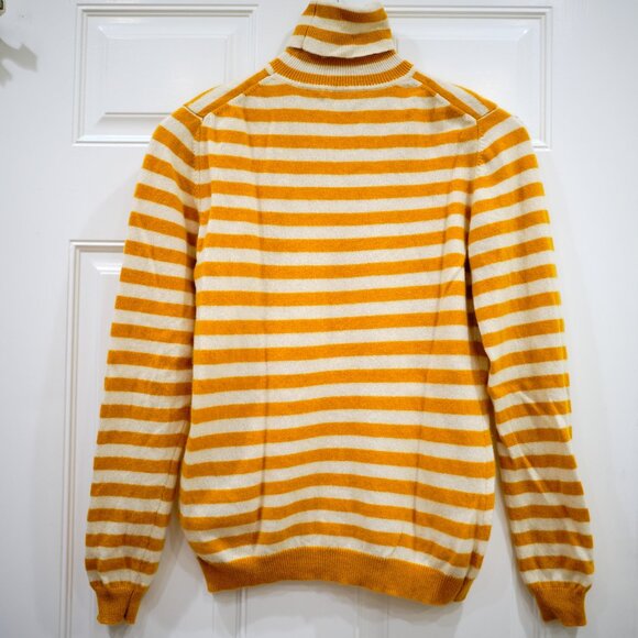 BRODIE CASHMERE Striped Mustard-Cream Turtleneck 100% Cashmere Sweater - Picture 2 of 8